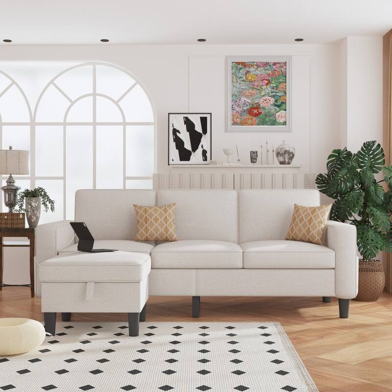 77.95" Linen Fabric Sectional Sofa with Storage Ottoman and USB Pocket