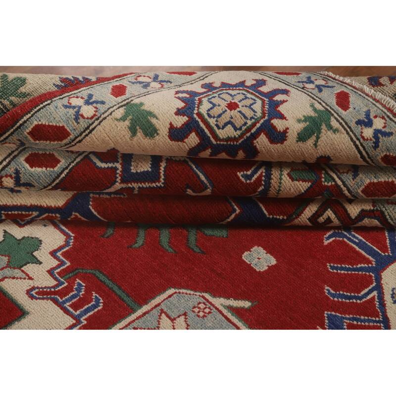 Red Geometric Kazak Area Rug Hand-Knotted Wool Carpet - 6'9" x 9'8"