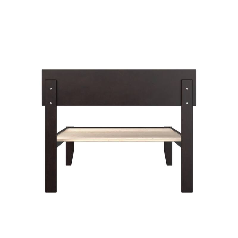 Twin Bed Espresso Finish Modern Panel Headboard Solid Wood Frame No Box Spring Needed