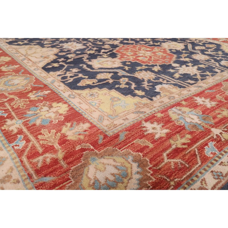 Navy Blue Orange Oushak Indian Area Rug Hand-Knotted Wool Carpet - 8'1" x 9'11"