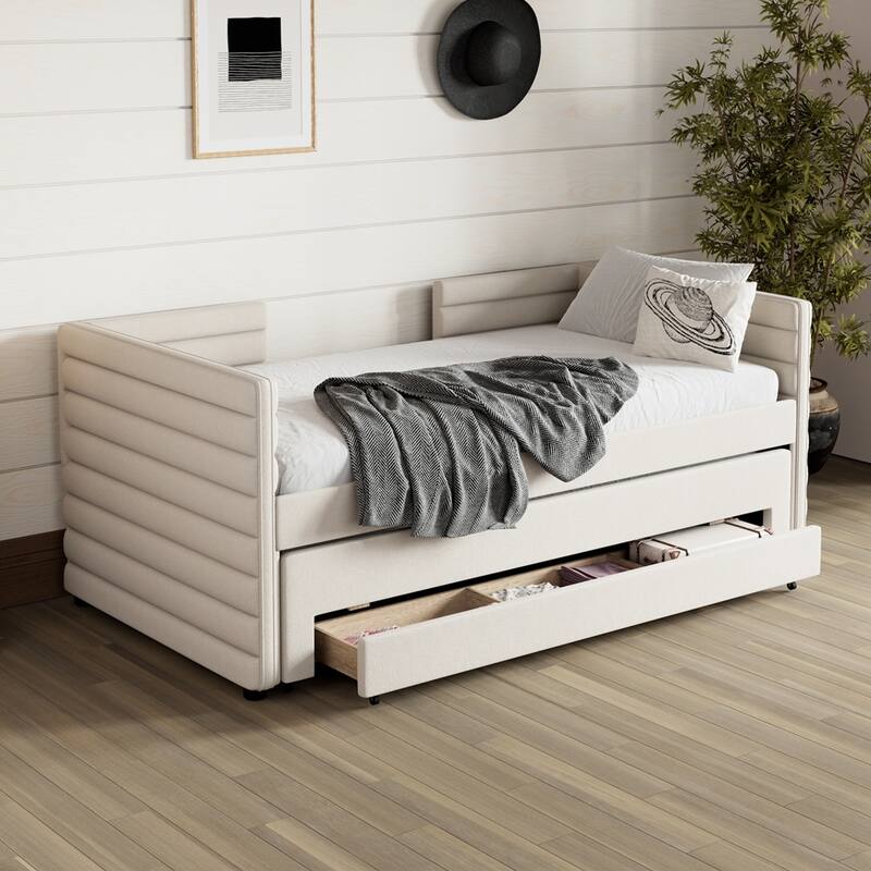 Twin Size Upholstered Daybed with Trundle and 3 Storage Drawers - Beige
