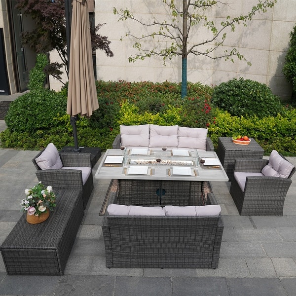 slide 2 of 18, 7-Piece Patio Wicker Sofa Set with Aluminum Firepit Dining Table