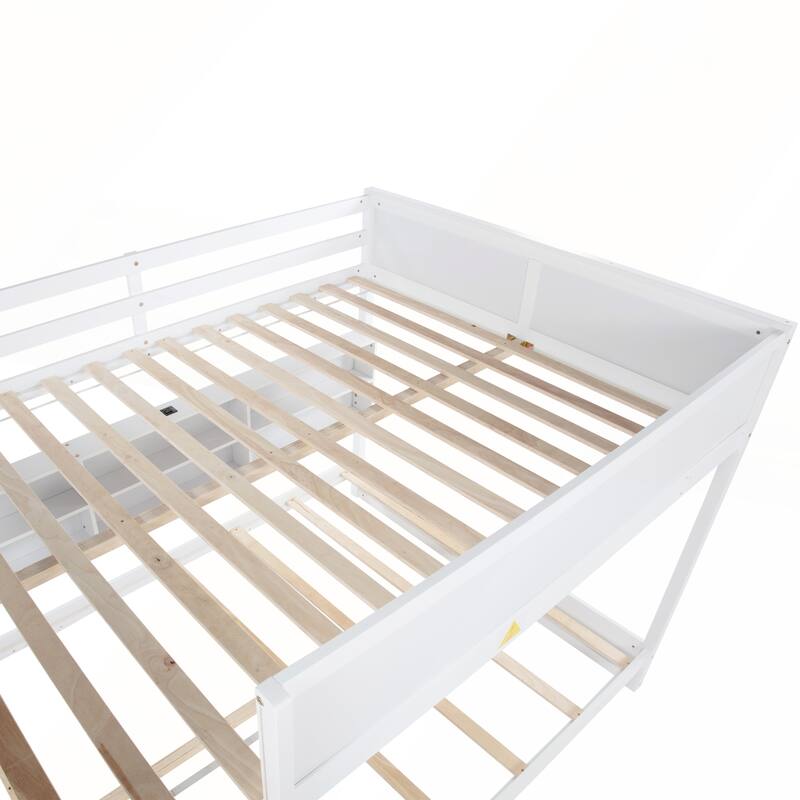 Queen Over Queen Bunk Bed with Built-in Storage Cabinets and Charging Station