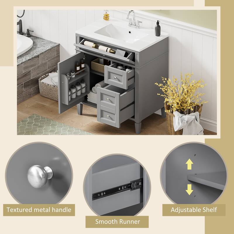 30 Inch Bathroom Vanity with Ceramic Top, 2 Storage Drawers, Tip-Out Tray, Solid Wood Frame Cabinet