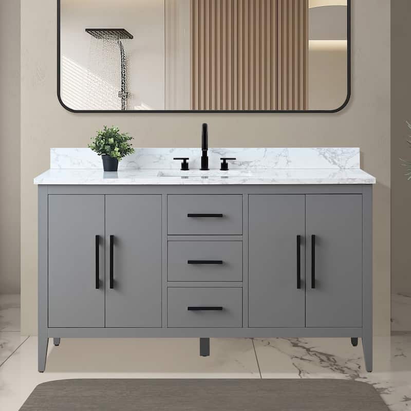 Vanity Art 60" Single Sink Bathroom Vanity Cabinet with Engineered Marble Countertop - 60"/Matte Black Handle - Cashmere Gray