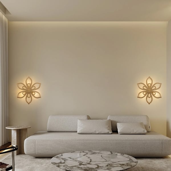 slide 2 of 9, Daisy 3-light Modern Coastal Rattan Wall Sconce Flower Wall Decor Light - 24 In. Wide Brown - 24 In. Wide