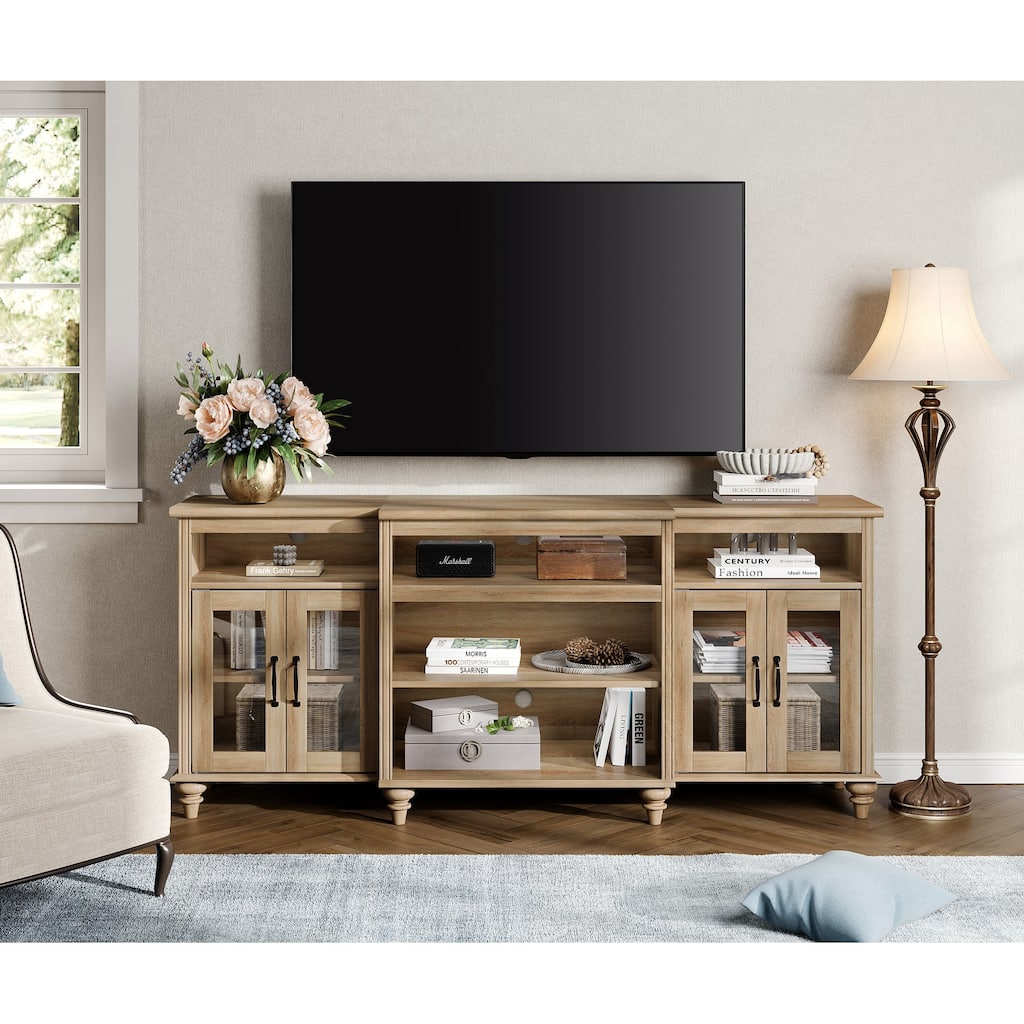 Farmhouse TV Stand, Oak Entertainment Center with Storage Cabinets