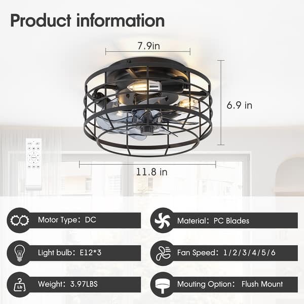 dimension image slide 4 of 8, Caged Ceiling Fan with Light and Remote, 11.8–28 Inch Low Profile Fandelier, 6-Speed Quiet DC Motor, Black/Satin Nickel