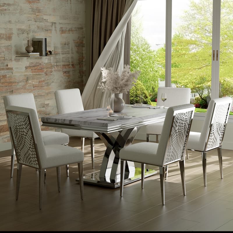 65 inch Faux Marble Dining Table Set with Boucle Dining Chairs - Mirrored Silver and White - Table with 6 Chairs