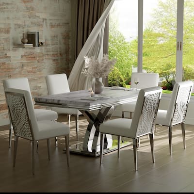 65 inch Faux Marble Dining Table Set with Boucle Dining Chairs