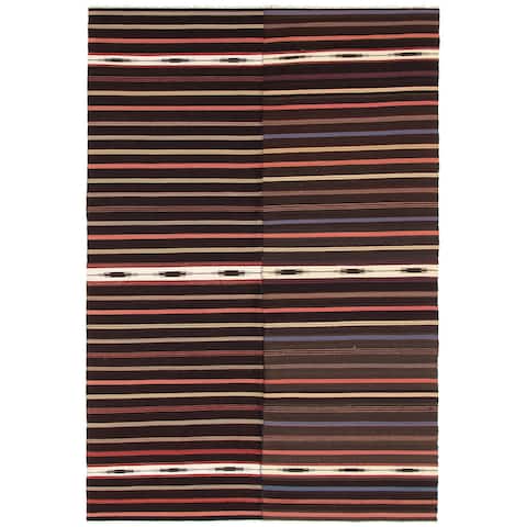 ECARPETGALLERY Flat-weave Bohemian Black, Dark Brown Wool Kilim - 4'3 x 10'8