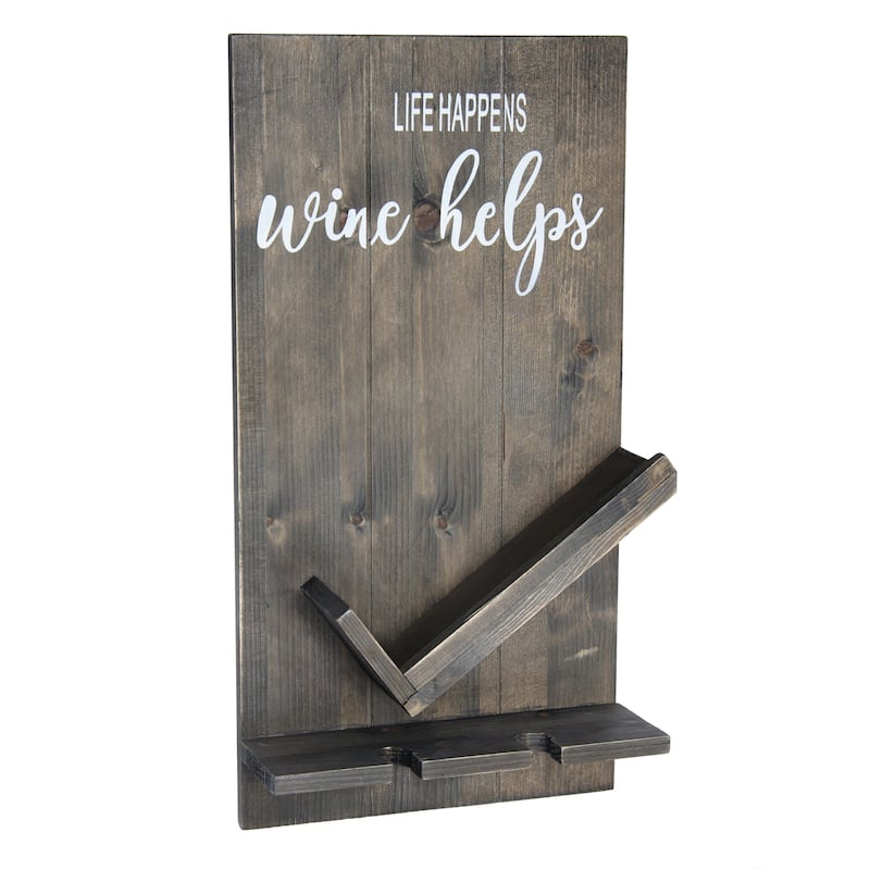 Elegant Designs Lucca Wall Mounted Wooden “Life Happens Wine Helps” Wine Bottle Shelf with Glass Holder