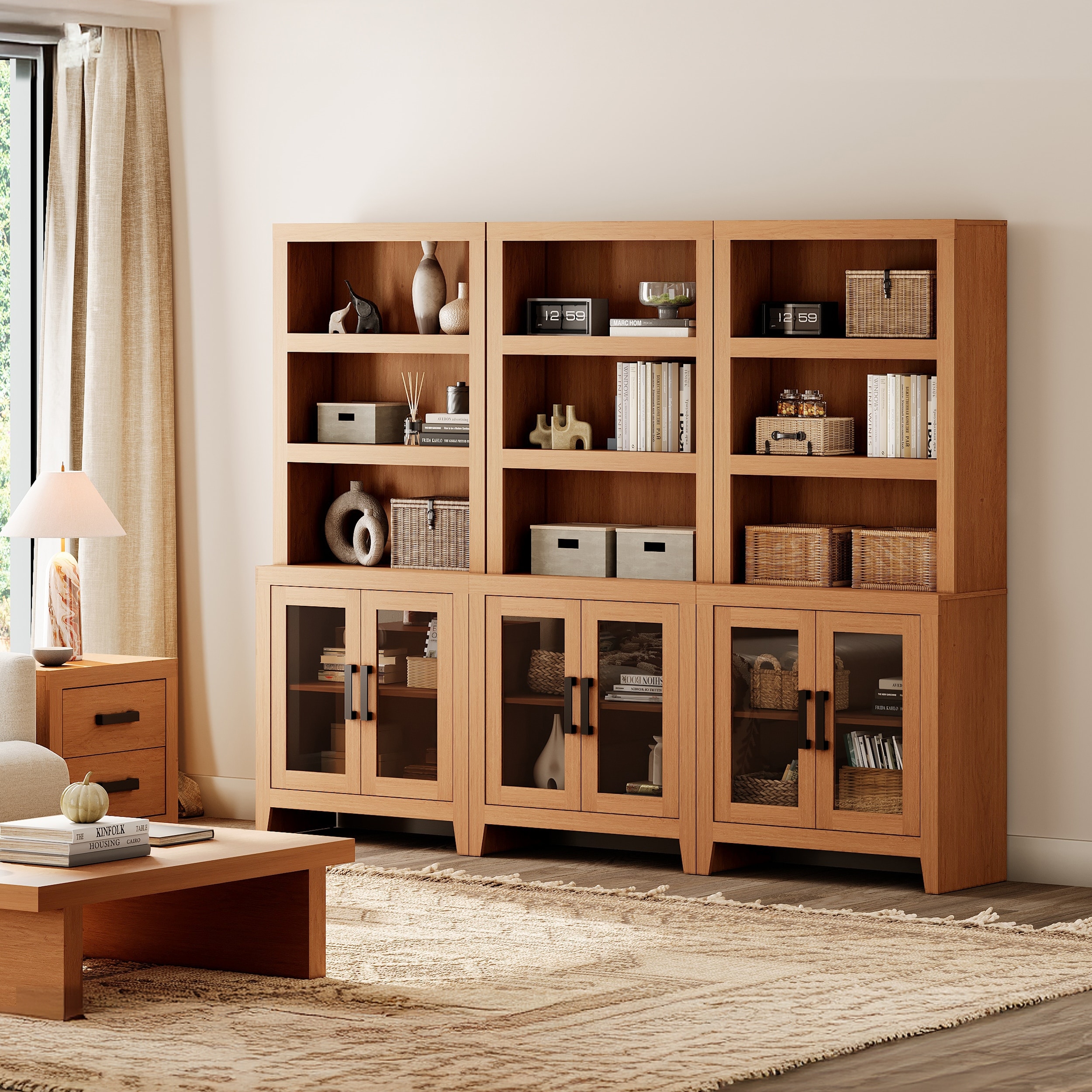 WAMPAT 3 Tier Bookshelf with Glass Door, 74" Tall Bookcase with Adjustable Shelf and Storage Cabinet, Farmhouse Wooden Bookshelf