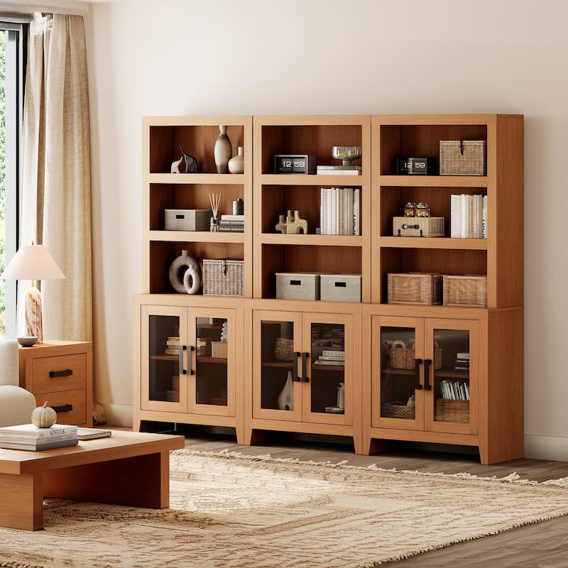 WAMPAT 3 Tier Bookshelf with Glass Door, 74" Tall Bookcase with Adjustable Shelf and Storage Cabinet, Farmhouse Wooden Bookshelf - 93-inch width - Mocha