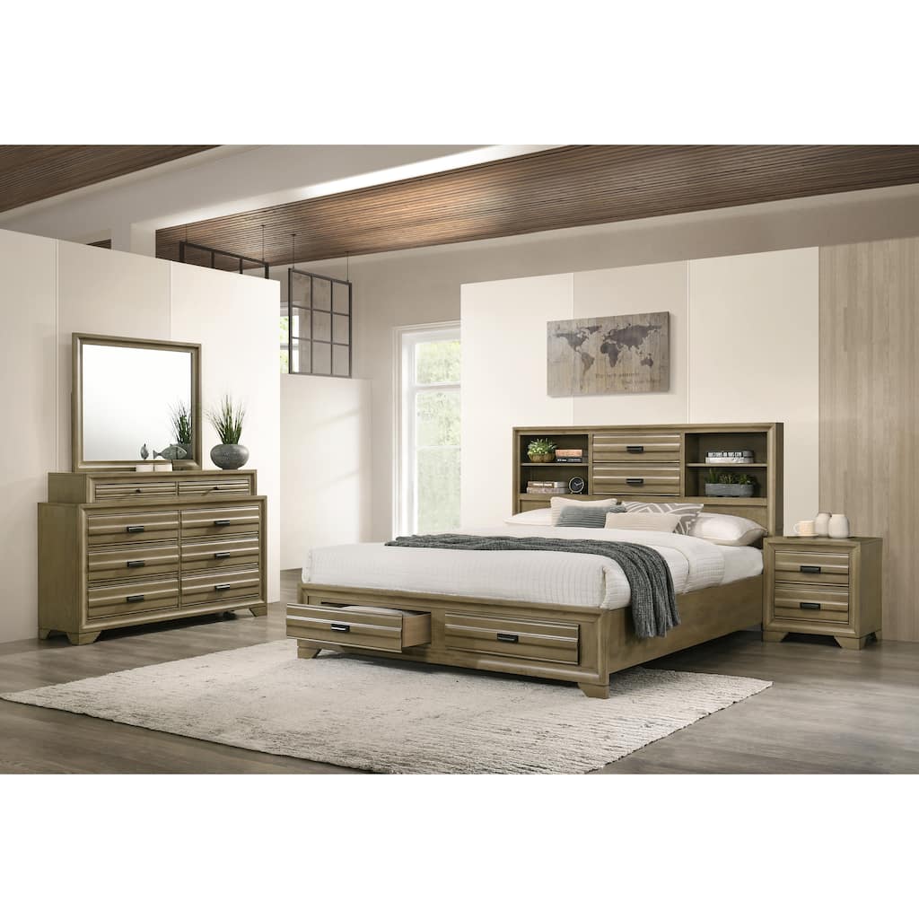 Roundhill Furniture Loiret Rubbed Gray Oak Finish Wood Storage Platform King Bedroom Set with Dresser, Mirror, Nightstand