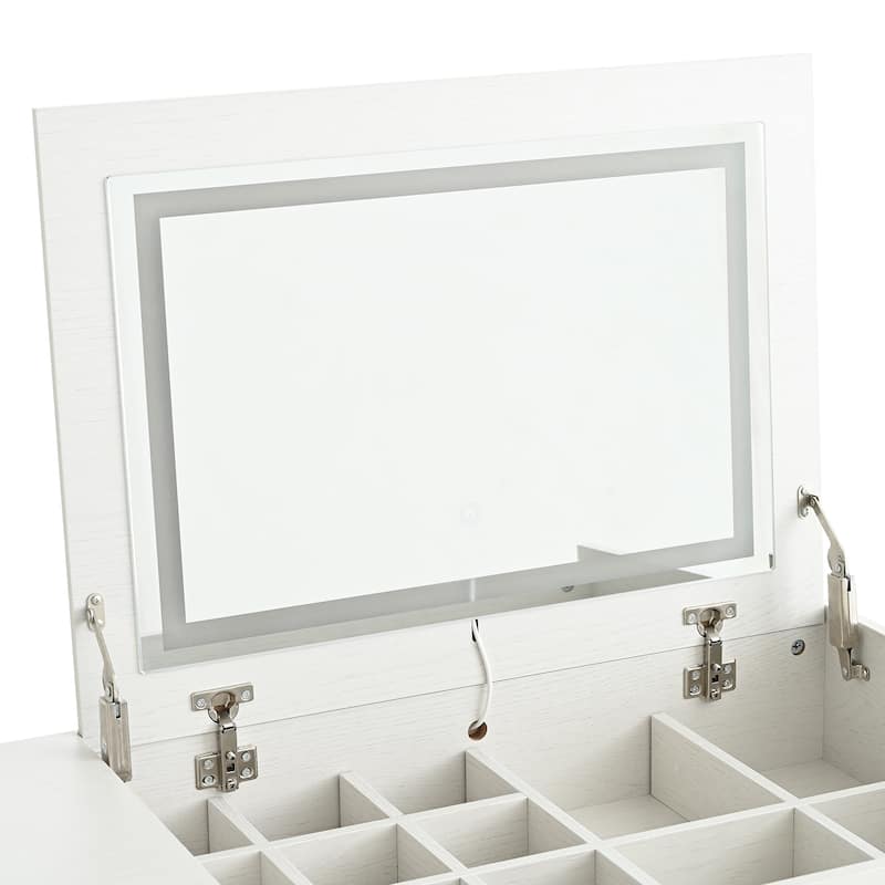 3-in-1 Vanity Desk with Lighted Flip-Top Mirror & Adjustable Cabinet, Makeup Dressing Table with Stool, Dresser with Drawers