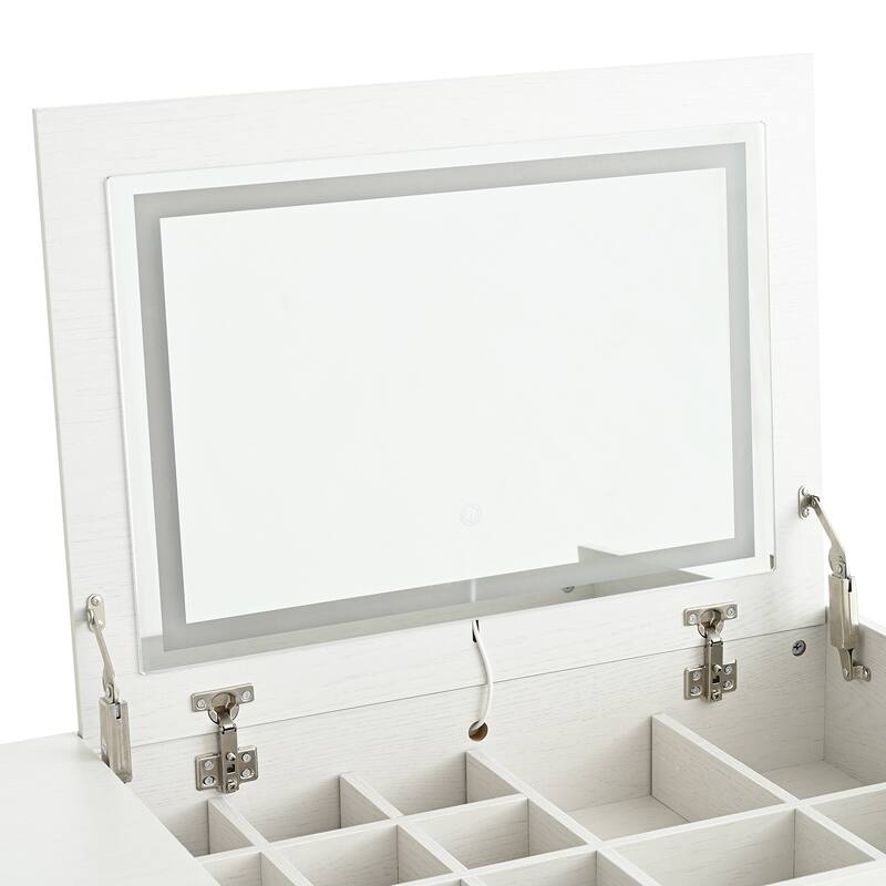3-in-1 Vanity Desk with Lighted Flip-Top Mirror & Retractable Side Cabinet, Vanity Set with Stool & Storage Drawers