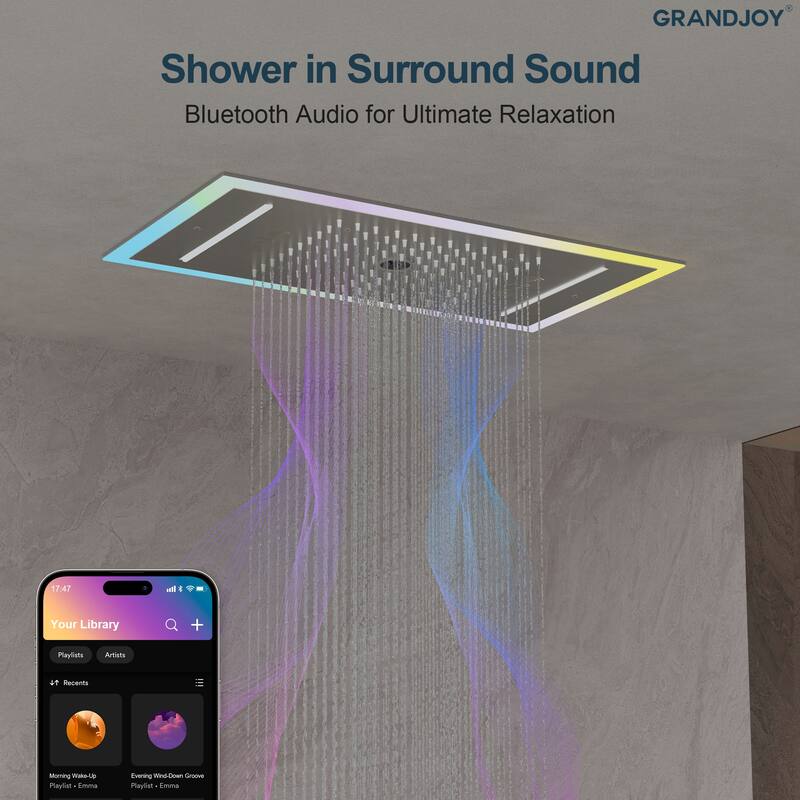 GRANDJOY Thermostatic Triple-Function LED Rain and Waterfall Shower System with Handheld and Built-In Music