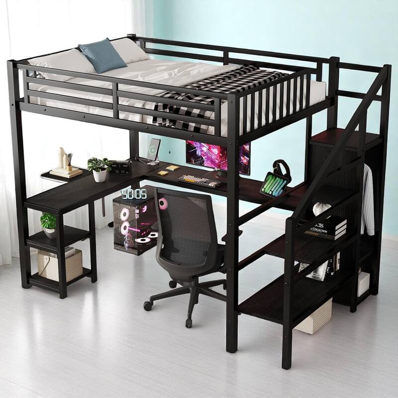 Full/Queen Size Metal Loft Bed with L-Shaped Desk, USB Port, LED Lights, Wardrobe and Stair Storage, Black