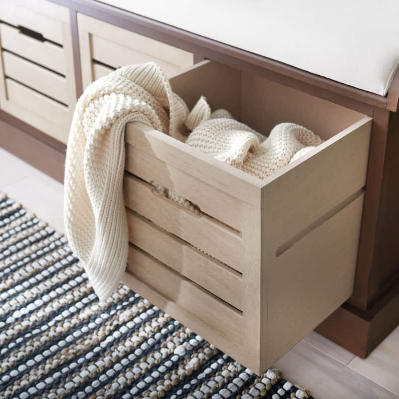SAFAVIEH Mozella 3-Drawer Cushion Bench - 42" W x 15" D x 20" H - 42Wx15Dx20H