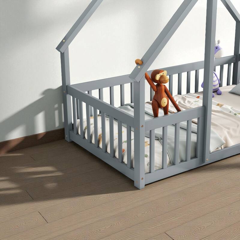Twin/Full Size Wooden House-Shaped Floor Bed with Fence and Guardrails, Kids Montessori Bed with Roof Frame