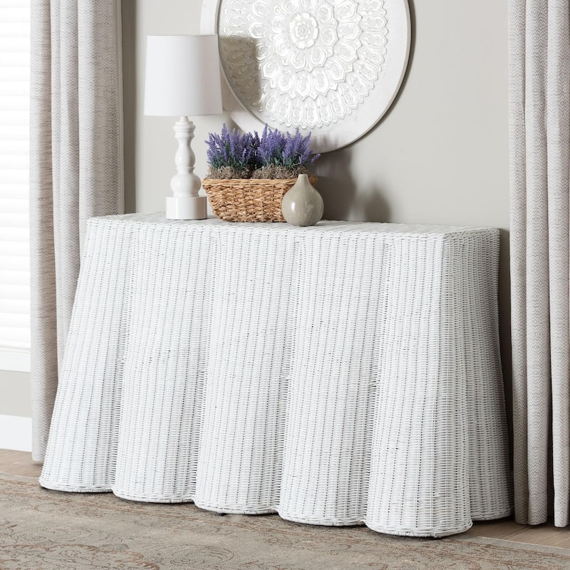 Palm Scallop Natural Rattan Console Table – Handwoven Wicker Accent Table for Hallway or Entryway, Coastal Décor, Rectangle