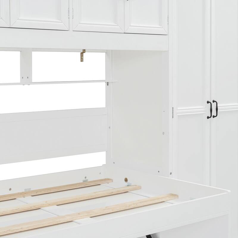 Twin Size Murphy Bed Wall Bed with Wardrobe, Cabinet and Desk, Solid Wood Storage Murphy Bed Cabinet, No Box Spring Needed