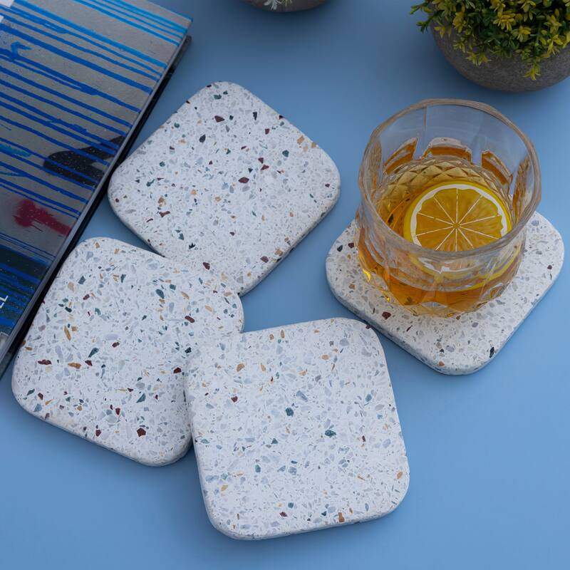 Set of 4 Terrazzo Square Coasters w/ Twine - White