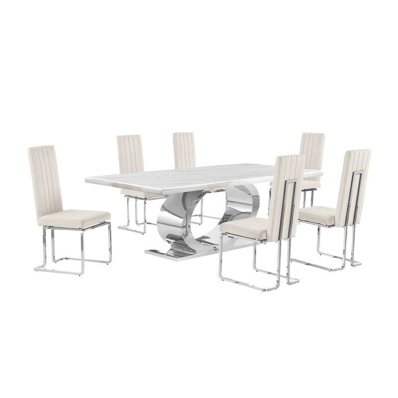 Best Quality Furniture D432/3-SC340-7 Dining Set with 87" White Marble Top
