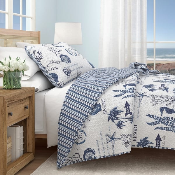 slide 2 of 5, Linery & Co. Navy Nautical Pattern Microfiber Quilt Set With Shams Navy - King