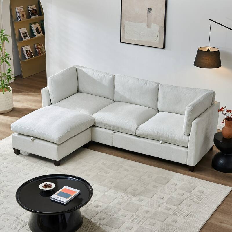 96.5" L-Shaped Chenille Sectional Sofa with Storage and Movable Ottoman