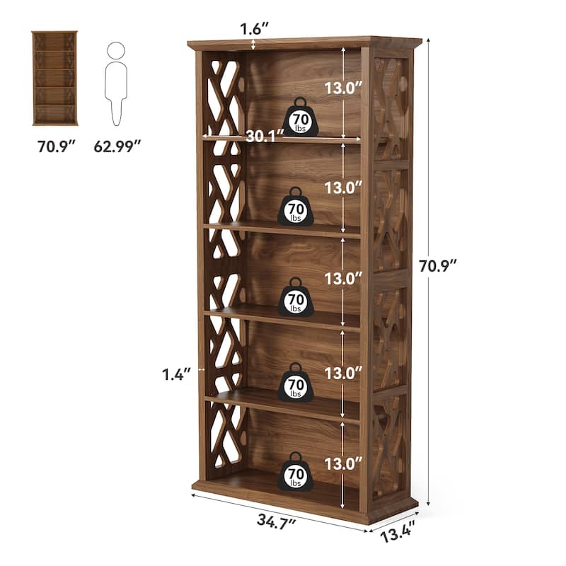70.9" Wooden Bookshelf, Farmhouse 5-Shelf Bookcase and Bookshelves