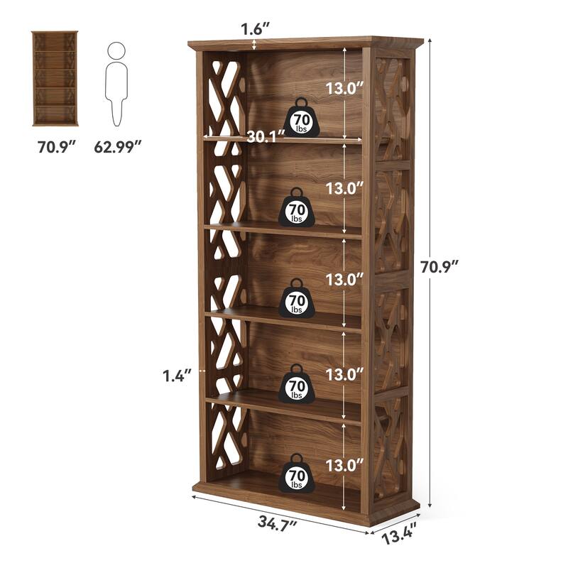 Farmhouse Wooden 5-Shelf Bookshef Bookcase for Living Room
