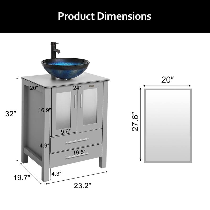 Eclife 24" Bathroom Vanity Gray Set Glass/ Ceramic Vessel Sink Cabinet Faucet Drain Combo Free Standing
