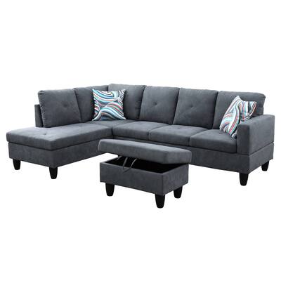 Dark Grey Flannelette 3-Piece Living Room Sofa Set