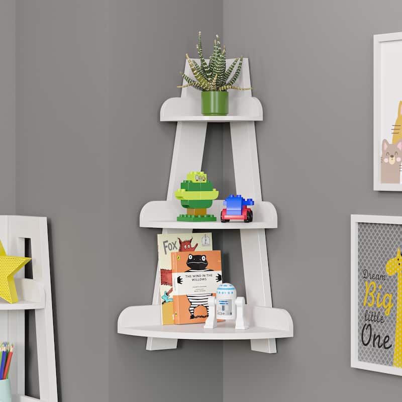 RiverRidge Kids 3-Tier Corner Shelf Display Stand for Playrooms - White