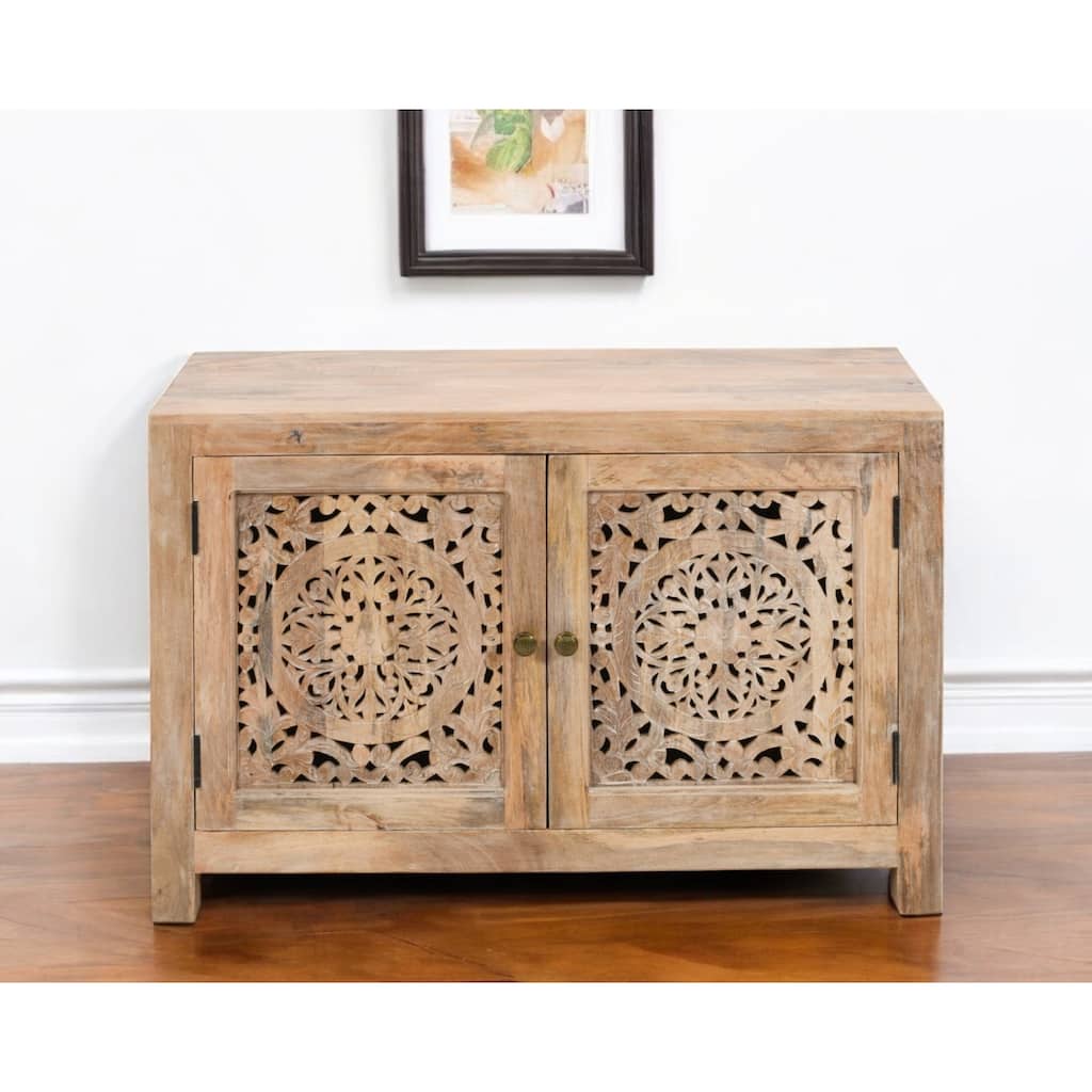 HomeRoots 30" Natural Solid Wood Textured Door Accent Cabinet With Two Doors