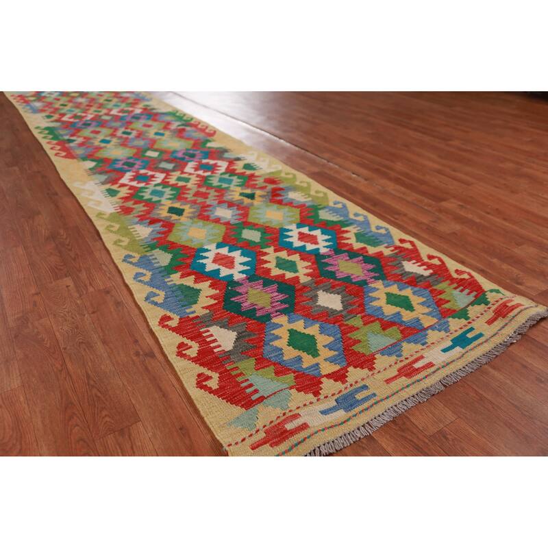 Hand Woven Oriental 100% Wool Carpet Southwestern Geometric Multi-Colored Kilim Runner Rug - 12' 11'' X 2' 9''