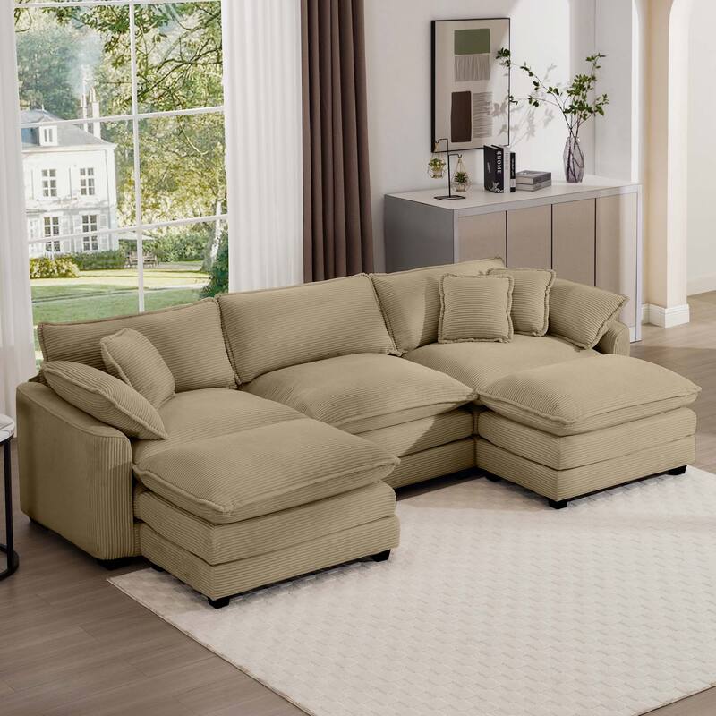 Corduroy U-Shape Modular Sofa with Ottomans, Convertible Corner Couch - Tan