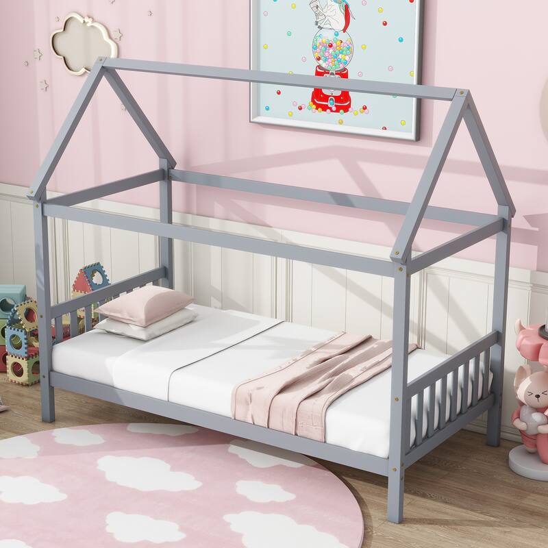 Twin House Bed with Headboard and Footboard, Light Grey Rubber Wood Frame