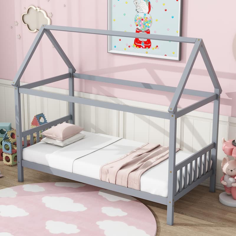 Twin Size House Bed with Headboard and Footboard, Underbed Storage - Rubberwood House-shaped Bed Frame for Children's Room - Light Grey - Twin