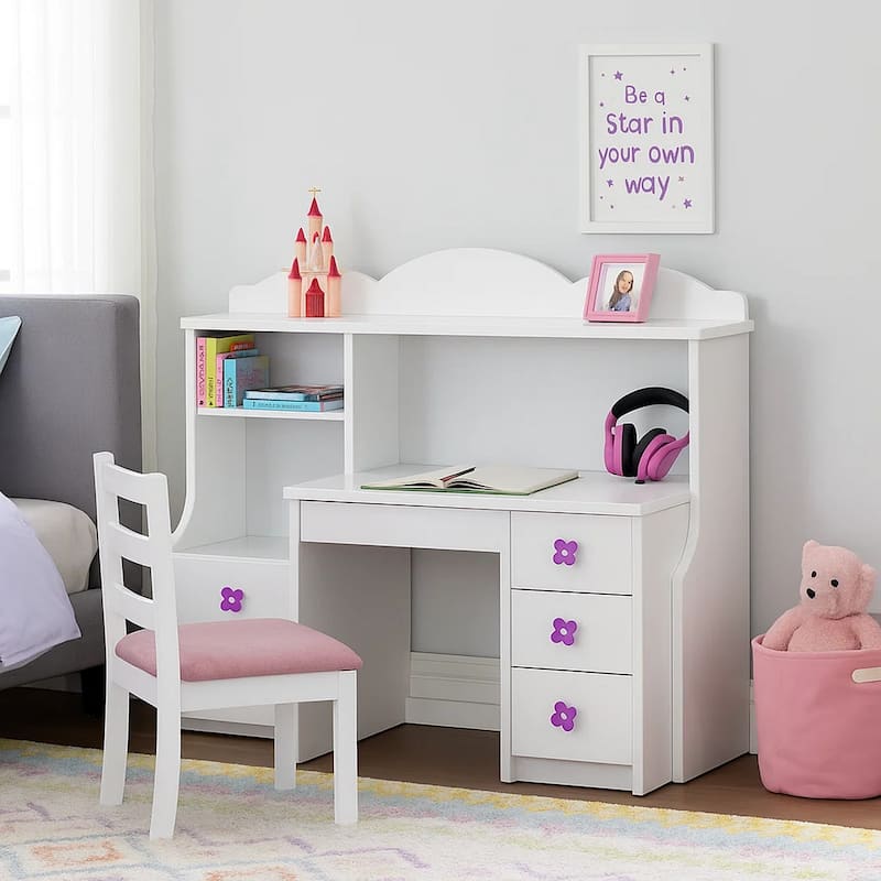 Transitional Wooden Hutch with Two Shelves and Three Drawers, White
