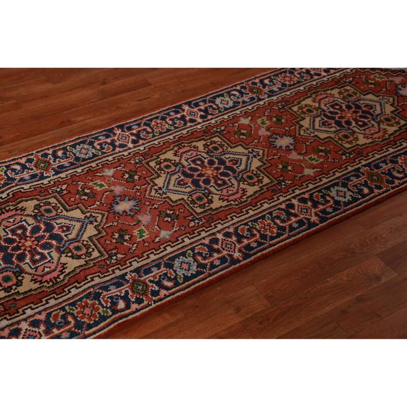 Hand Knotted Oriental 100% Wool Carpet Traditional Geometric Oranges & Rust Heriz (serapi) Runner Rug - 8' 0'' X 2' 6''