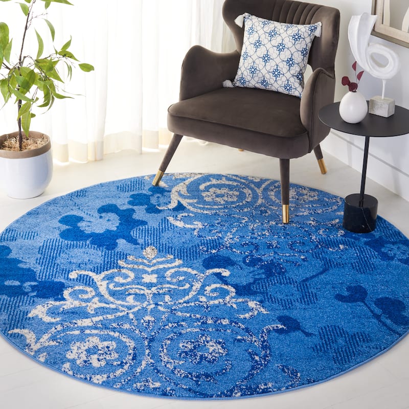 SAFAVIEH, Adirondack Rena Damask Floral Distressed Rug - 8' Round - Light Blue/Dark Blue
