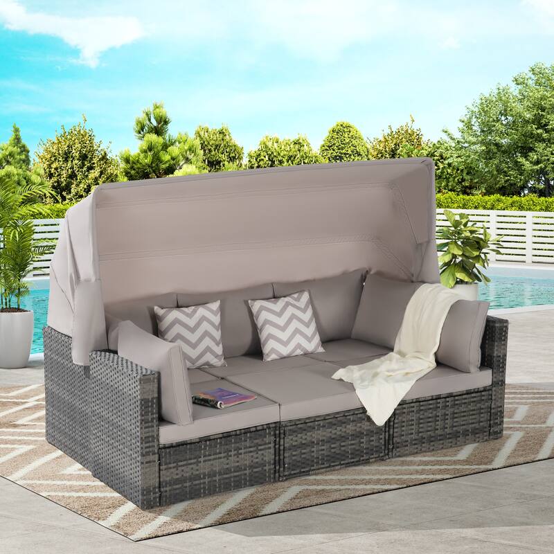 3-seat Sofa with Retractable Canopy, 2 Single Armless Chairs and Side Table - 5 Pieces Furniture Set Convertible Modular Daybed