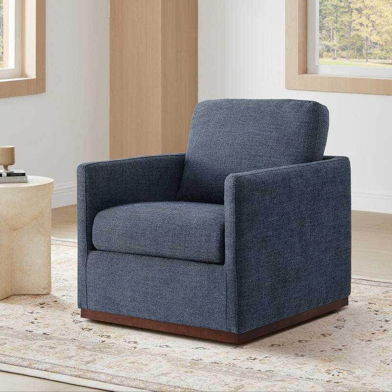 Spruce & Spring Modern Swivel Accent Chair with Wooden Base - Single - Blue-Fabric