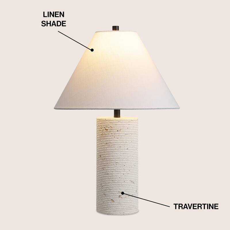 Kelsey 22.50" Modern Minimalist Travertine Column LED Table Lamp, By JONATHAN Y