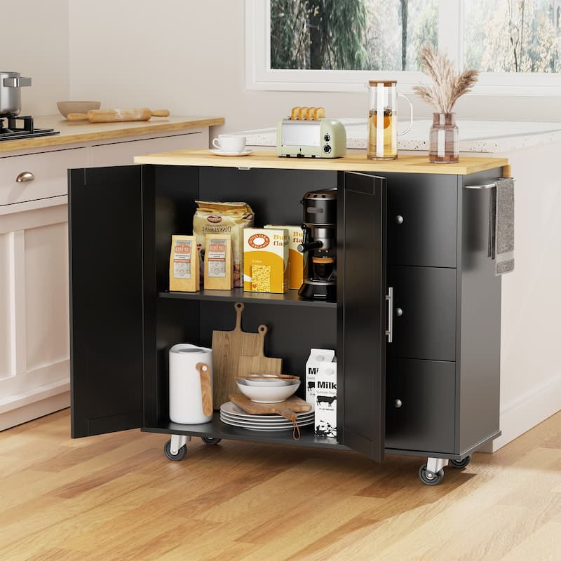 Rolling Kitchen Island with Storage Cabinet & 3 Drawers – Mobile Storage Cart with Extendable Countertop for Small Spaces - Black