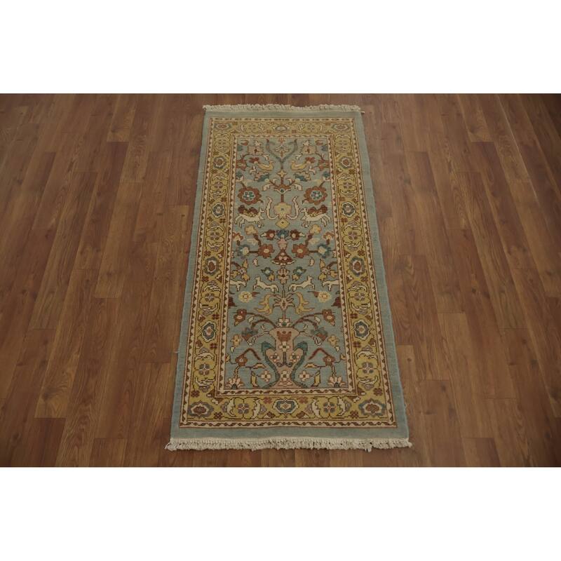 Hand Knotted Oriental 100% Wool Carpet Traditional Floral Navy Blue & Blues Ziegler Area Rug - 4' 0'' X 1' 11''