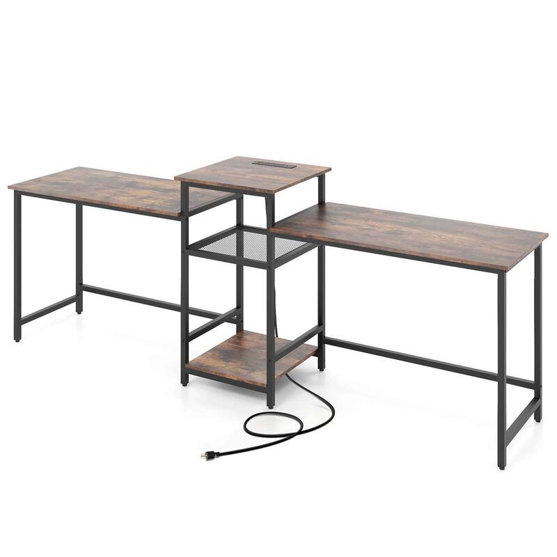 2 Person Outlets Gaming Desk Study Writing Table Workstation - Rustic Brown, Black